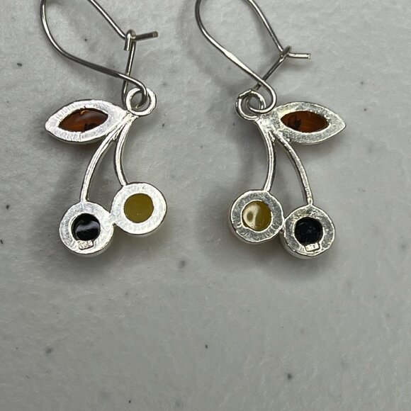 Sterling Silver 925 Amber Drop Dangle Earrings With Leaf & Round Design - Picture 14 of 14